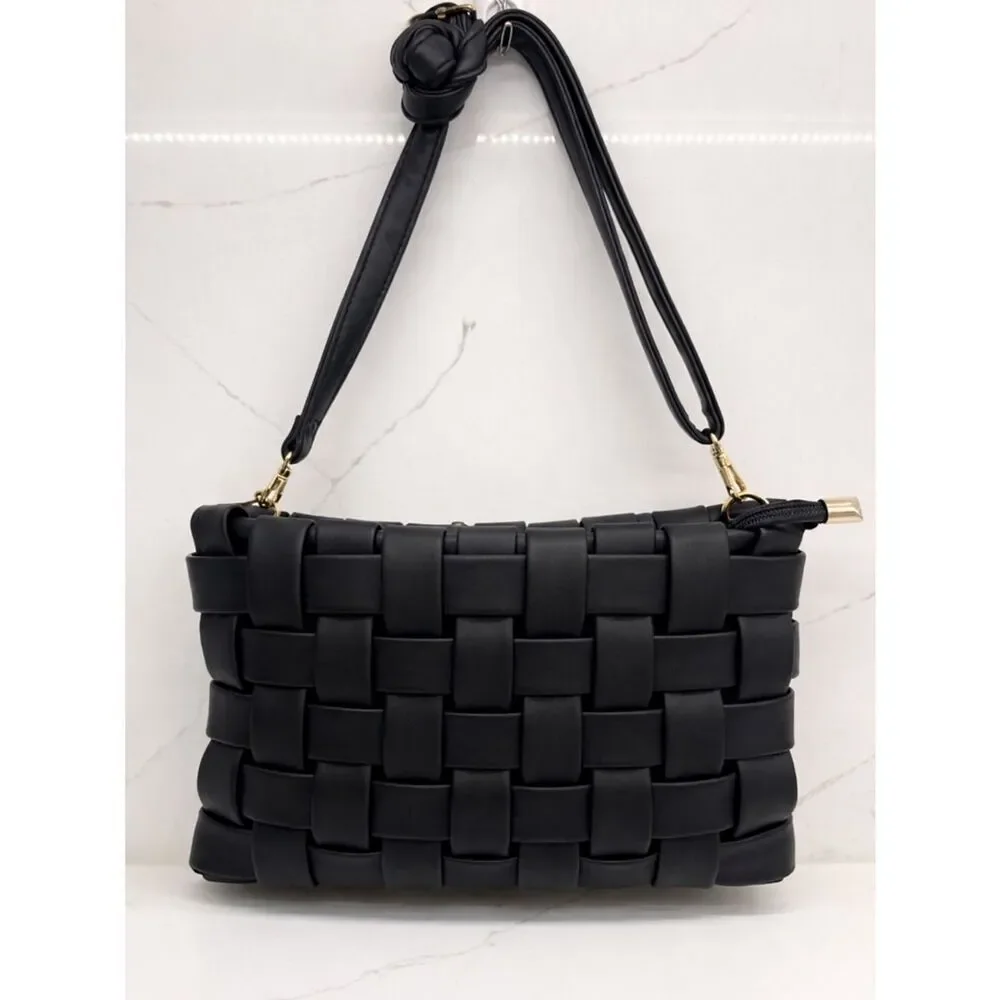 Anthro Woven Black Shoulder Bag Gold Hardware Knot Strap Chic